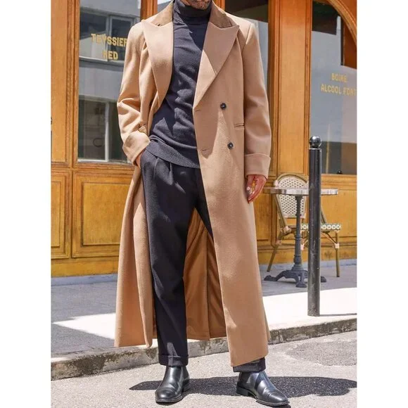 💫 Men Cream Long Trench Coat Full Length Notched Lapel Double Breasted Jacket